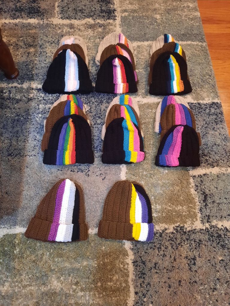 Crocheted pride beanies