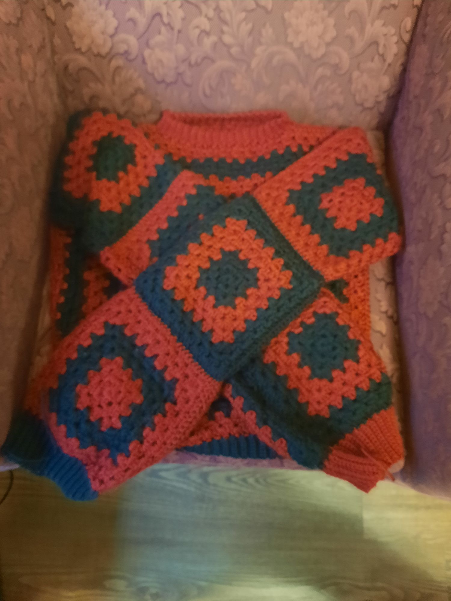 Red and black granny square sweater